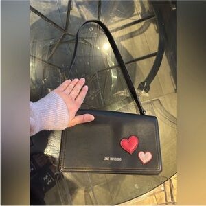 Love Moschino Black Shoulder Bag with Red and Pink Hearts